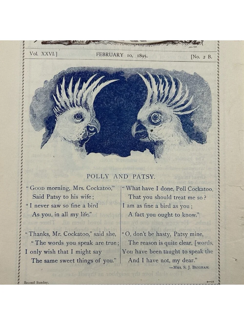 Antique 1895 Picture Lesson Paper Polly & Patsy Cockatoo Parrot Ephemera     C19